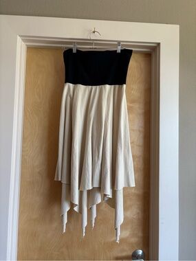 Strapless Handkerchief Hem Dress S-M Black Cream Colorblock Boho Festival